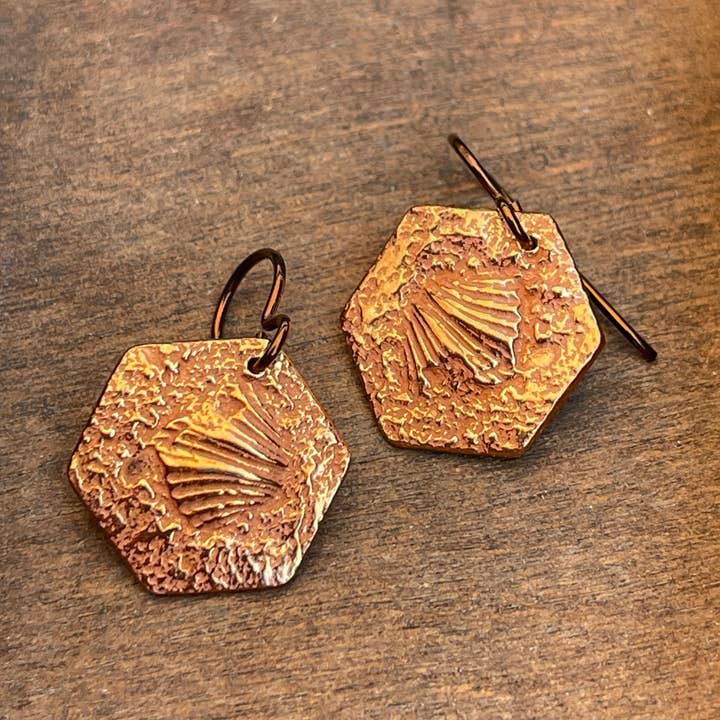 Tennessee Brachiopod 3 Med Hexagon Earrings (Four Metal Opt) for wholesale by Ozark Impressions Jewelry