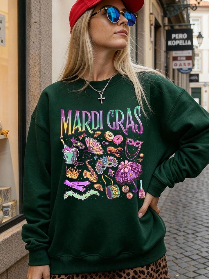 Mardi Gras Icons Collage Graphic Plus Sweatshirt for wholesale by COLORBEAR
