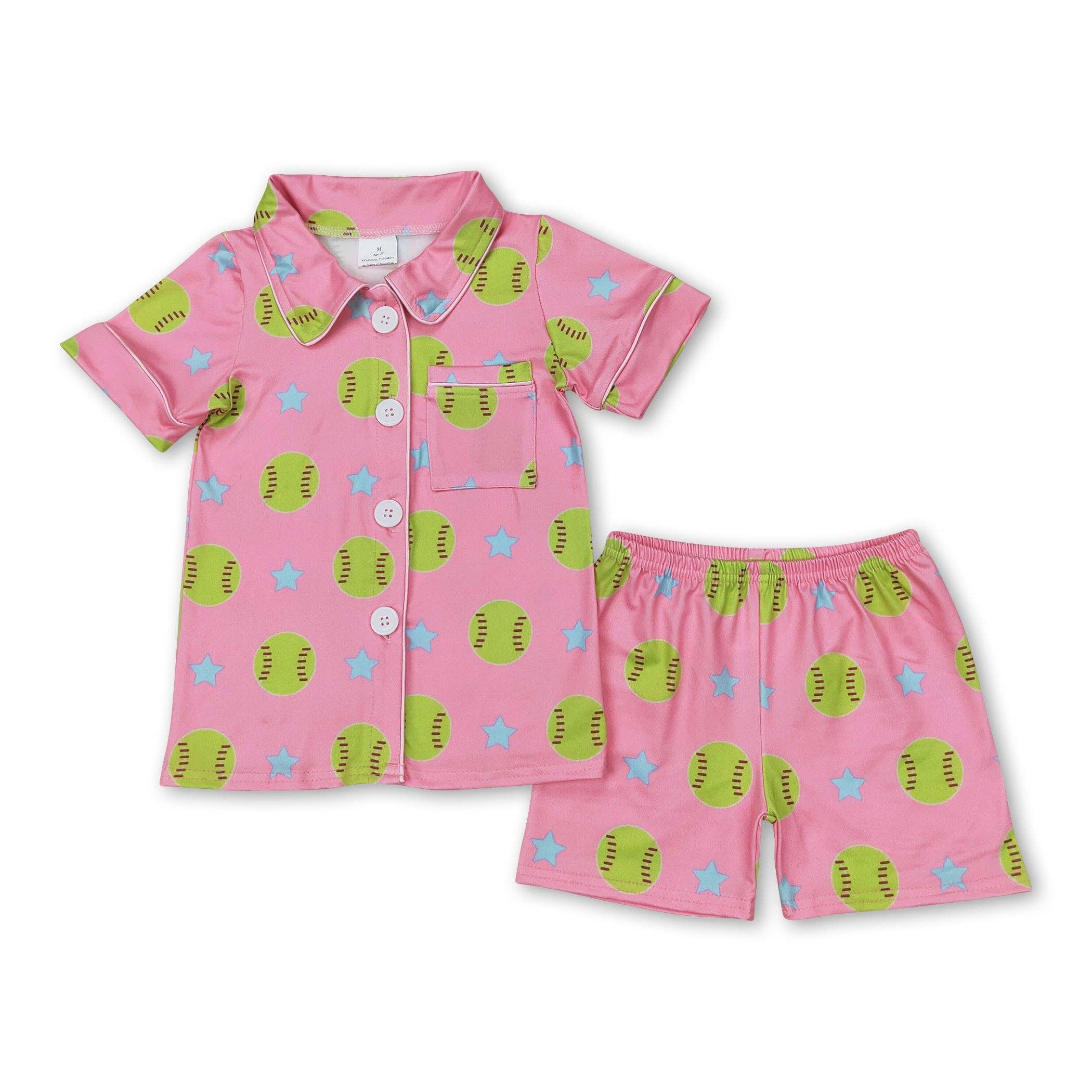 Yawoo Garments - Vente Haut et bas de pyjama – enfant - Pyjama à manches courtes rose pour filles en softball avec boutons0