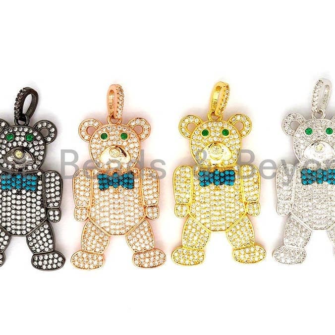 Colgante de oso de peluche micro pavé CZ, colgante de oso focal de circonita cúbica, oro/plata/oro rosa/negro, 40 mm, SKU #F516 para venta al por mayor de BestBeads&Beyond