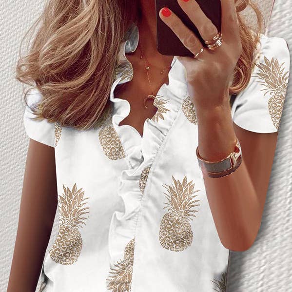 Short Sleeves Printed Falbala V-Neck Blouses for wholesale by Sheer Trend