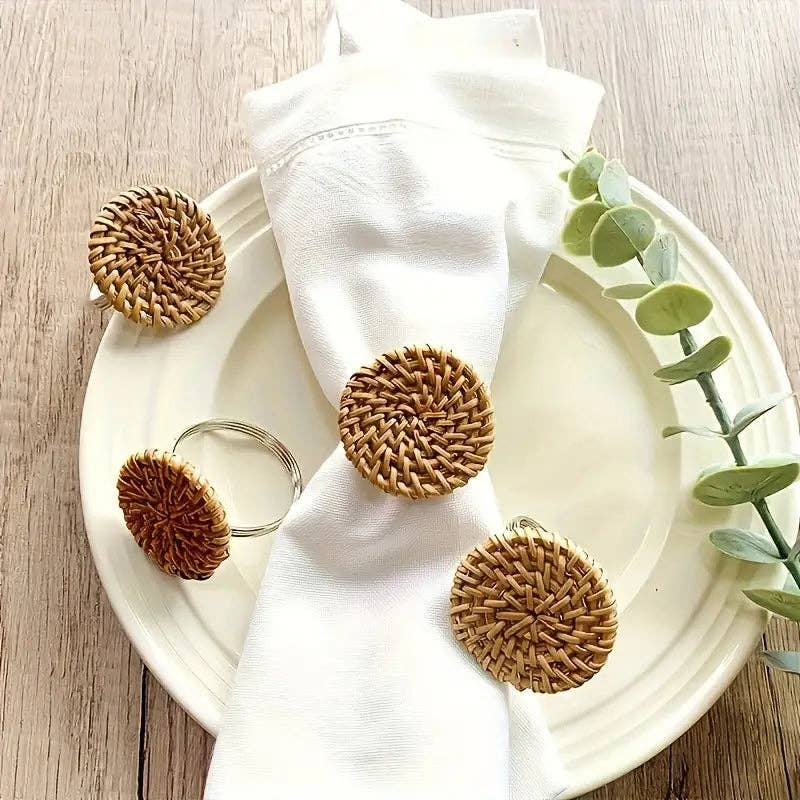 Huis Van Merken – wholesale Napkin ring – Rattan Napkin Rings Set (6) - Rustic Wooden and Metal Decor3