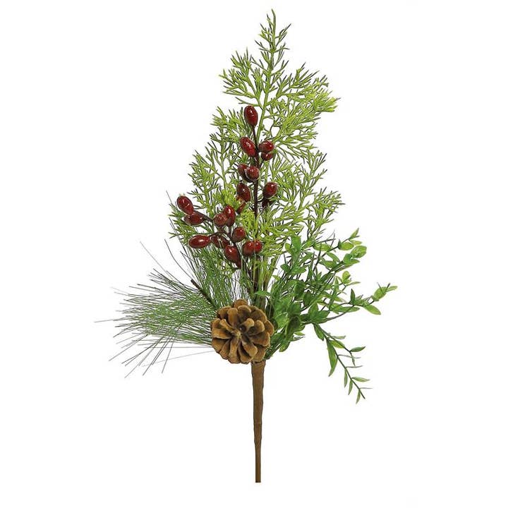 Select Artificials, Inc. - Wholesale Artificial Flowers - Long Needle Pine, Boxwood, Berry & Cone Pick, 15"