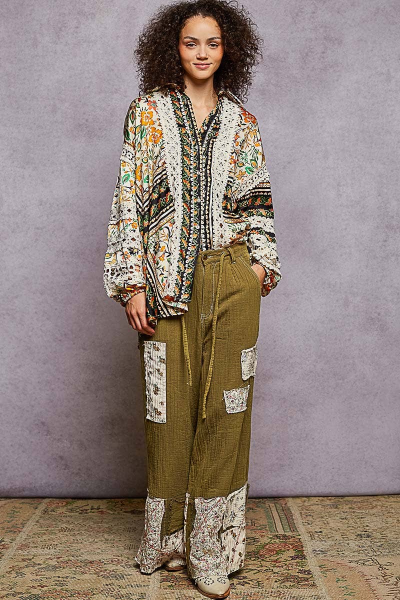 Pol Clothing - Wholesale Button Down Shirt - Women's - Balloon Sleeve Trim See-through Floral Printed Shirt Top16