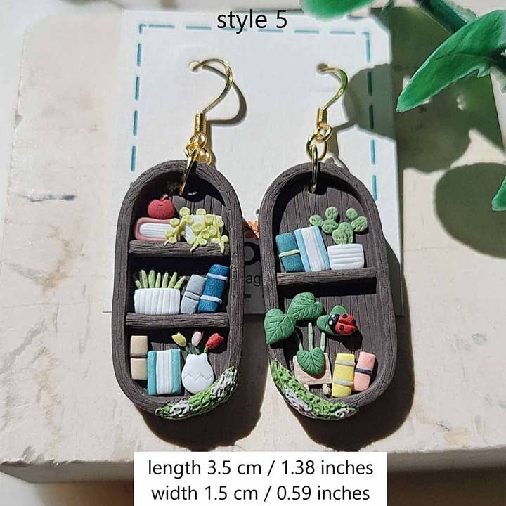 NoomCottageClay - Wholesale Dangle Earrings - Cottagecore Bookshelf Earrings • Cute Plant Jewelry 9