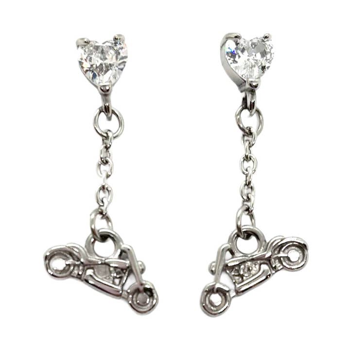SK2707E Heart Crystal Motorcycle Earrings - Clear Stone for wholesale by Heavy Metal Jewelry