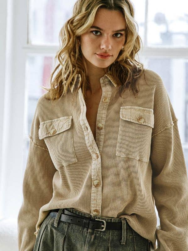 A washed waffle knit top - FT1061 NATURAL for wholesale by FLYING TOMATO