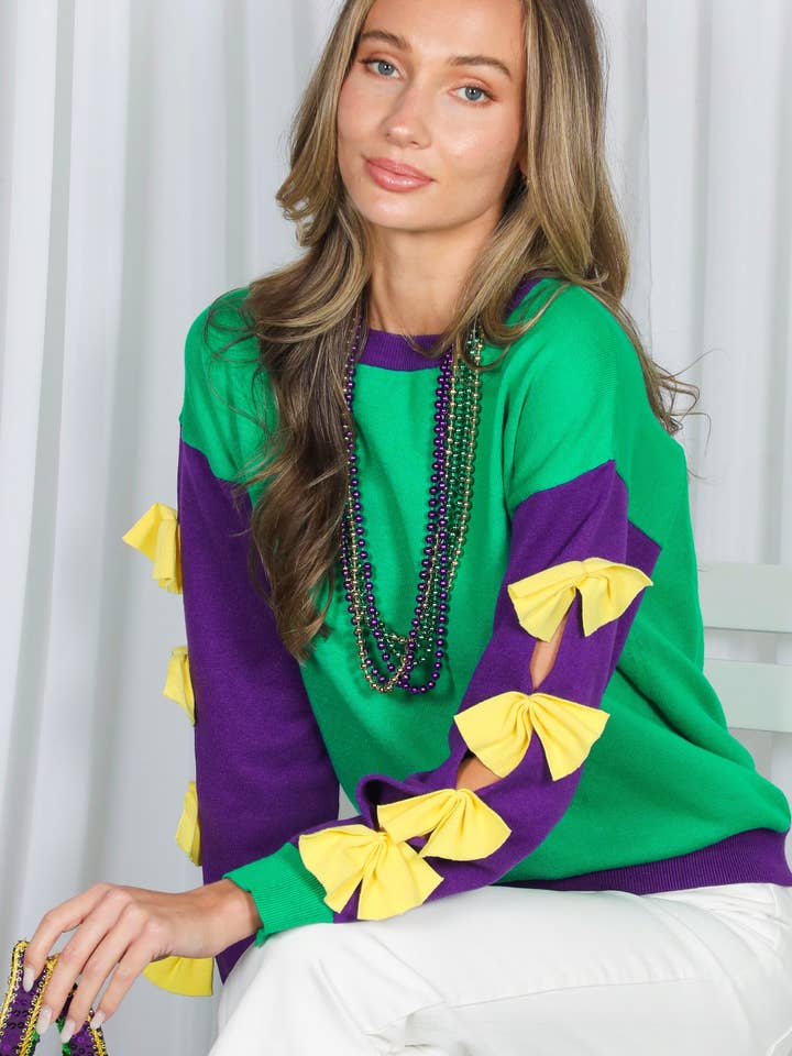 Mardi Gras Bow Pyntet Detalje Strikket Sweater VT82605A for engroshandel hos Vine & Love