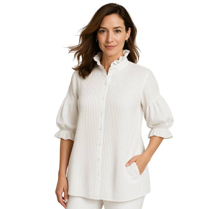 Top in popeline di cotone con maniche a sbuffo per la vendita all'ingrosso da parte di Dawn Bacchus