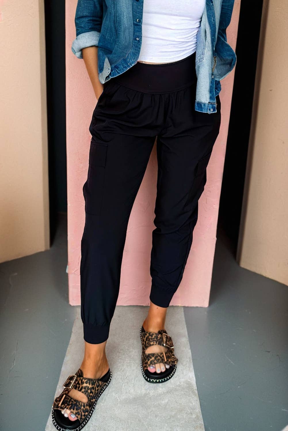 Black Elastic High Waist Pocketed Cargo Jogger Pants for wholesale on Faire