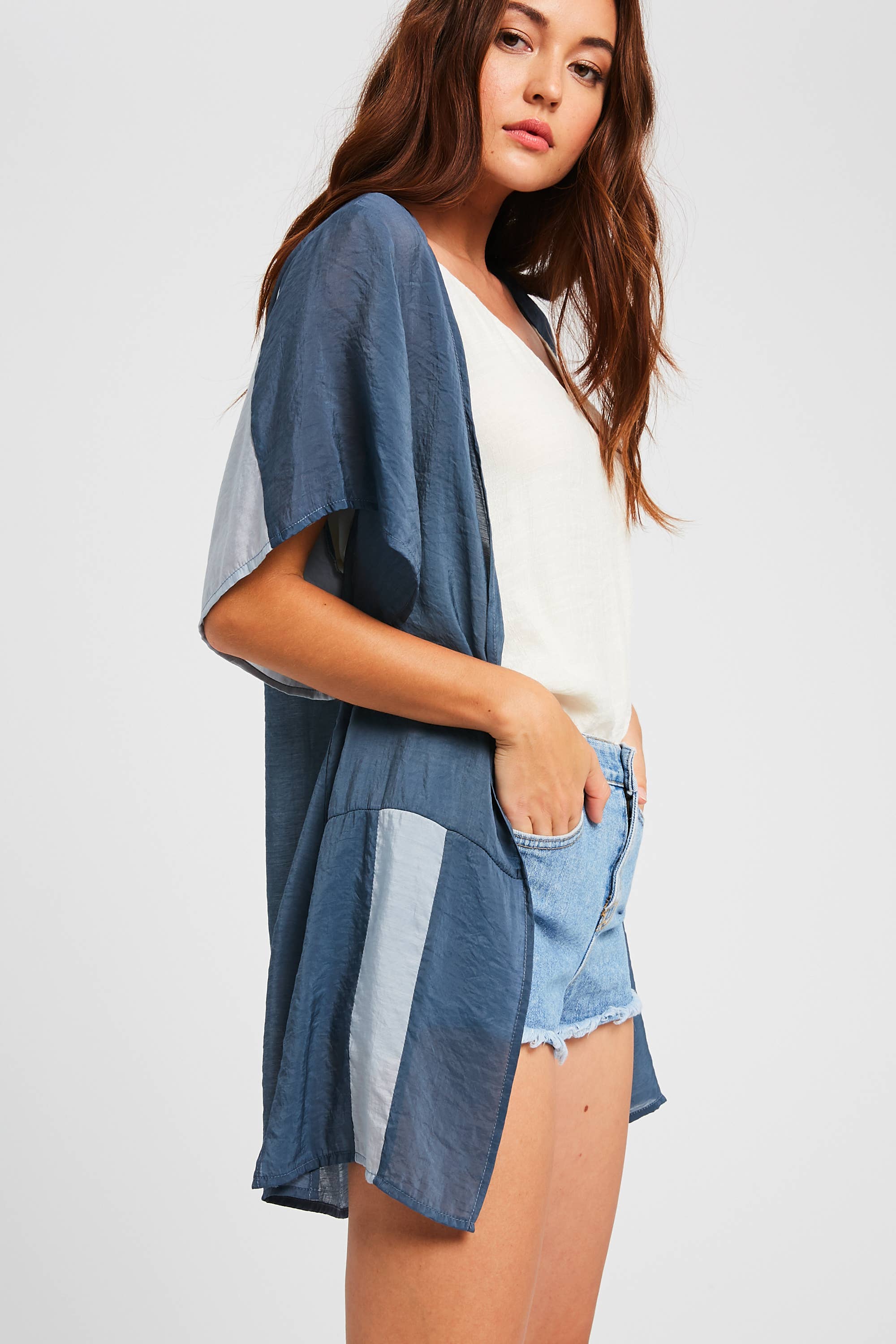 Listicle - Venta al por mayor Kimono - Mujer - Cárdigan Kimono de Bloques de Color Semitransparente5