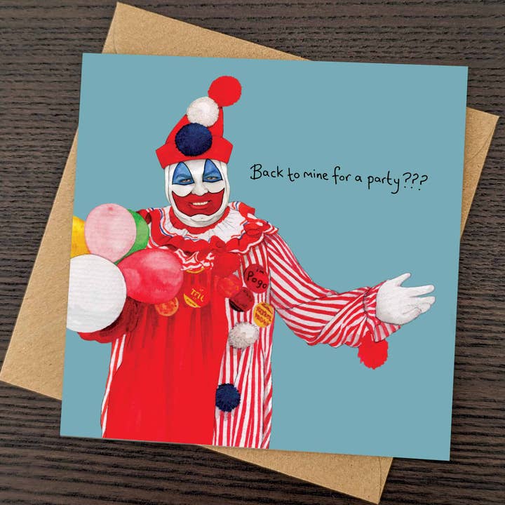 John Wayne Gacy birthday card, Dark humour greeting card for wholesale by Hes Designs