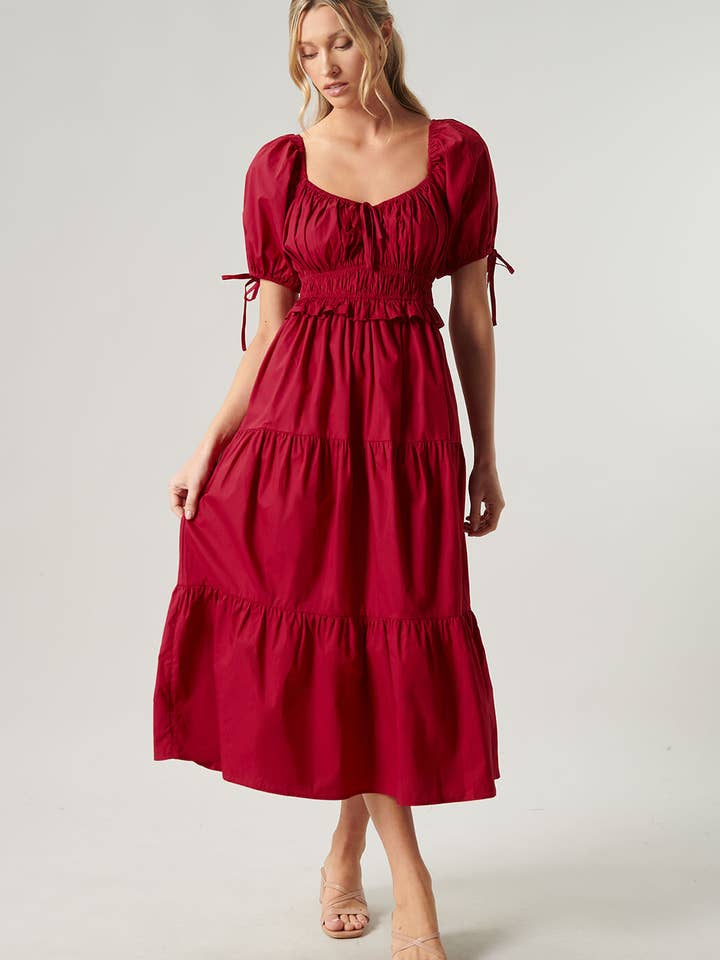 Maribeth Poplin Puff Sleeve Tiered Midi Dress for wholesale by Sugarlips