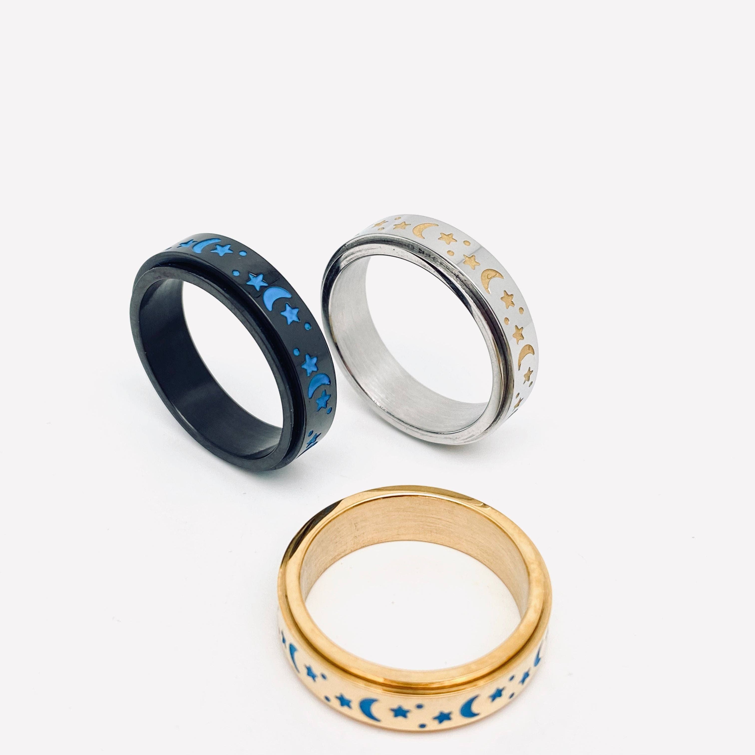 Mio Queena – wholesale Cocktail/statement ring – Luminous Stainless Steel Star Moon Rotatable Ring - MS6