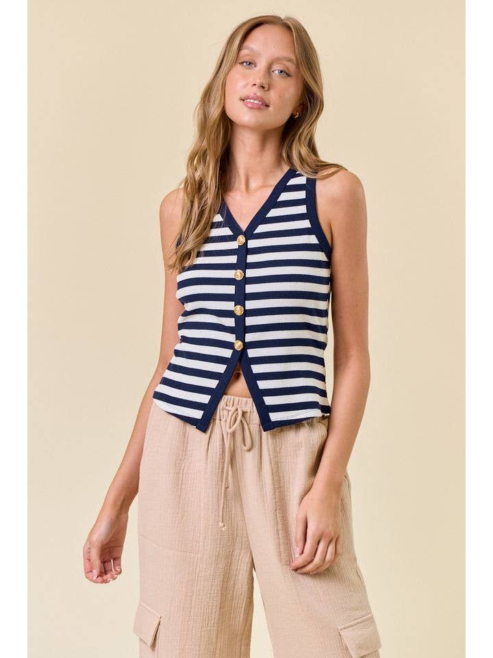 Doe and Rae - Wholesale Tank Top - Women's - STRIPE KNIT BUTTON FRONT TANK - 45176T