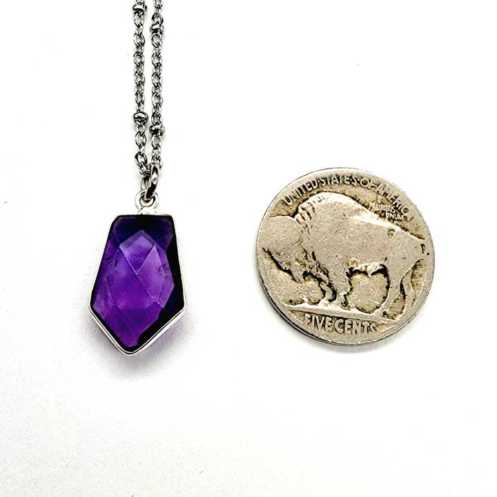 MergingMetals - Wholesale Pendant/Charm Necklace - Dainty Faceted Amethyst Wide Hexagon Necklace 3