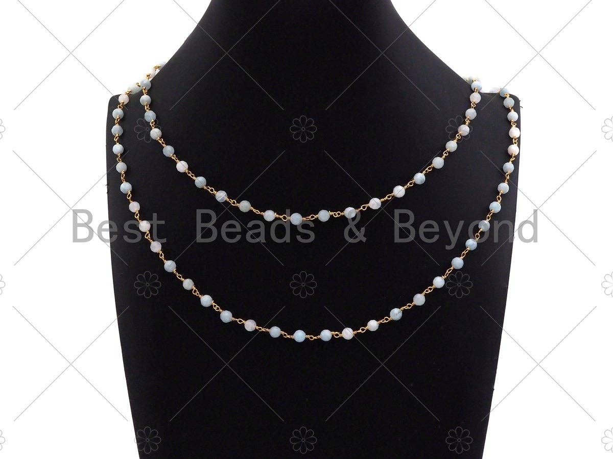BestBeads&Beyond - Wholesale Beaded/Pearl Necklace - Quality Aquamarine Rosary Chain, 5mm Beaded Chain, Wire Wrapped Gold Chain, Body Belly Chain, Sku#V902