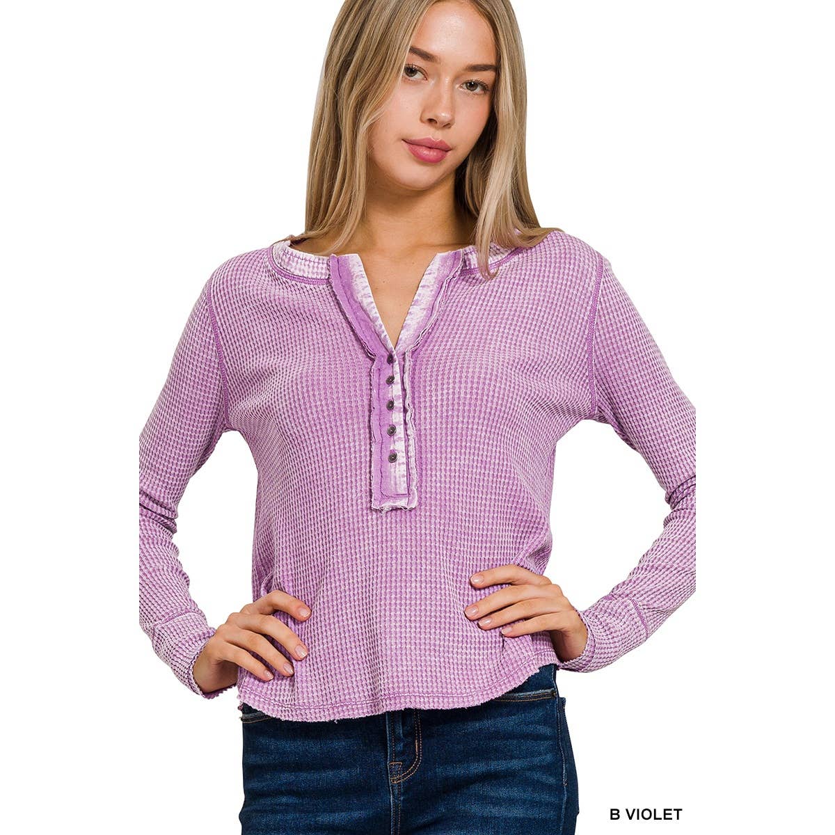 Apolline - Wholesale Knit Top - Women's - Washed Baby Waffle Henley Long Sleeve Top - Back Patch12