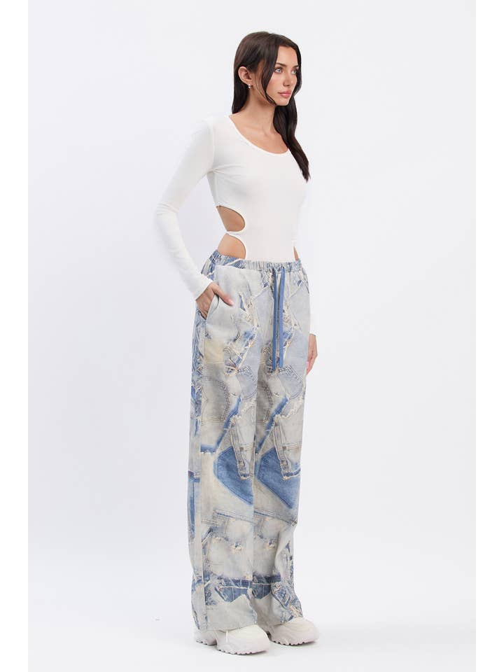 No Vacancy - Wholesale Pants - Women's - Denim print wide legged pants w/ drawstring4