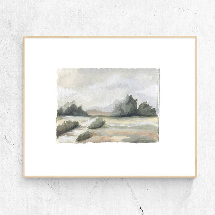 Stampa artistica ad acquerello con paesaggio sereno per la vendita all'ingrosso da parte di Jessica Frasz Studio