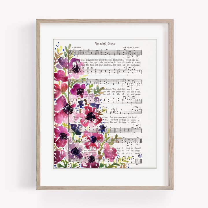 Marydean Draws - Wholesale Art Print - “Amazing Grace” Pink Floral Hymn Print, 8×10 + 11×140