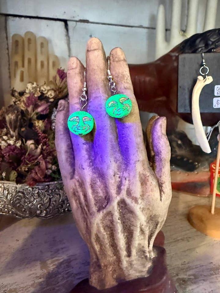 Uranium Glass Man on the Moon Earrings for wholesale by Corkscrew Curiosities