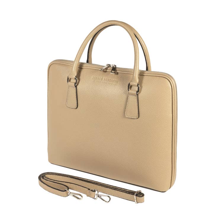 RB1019AQ | Maletín ejecutivo unisex de cuero genuino hecho en Italia con correa de hombro desmontable, cierres metálicos de níquel brillante, color topo - Dimensiones: 37 x 29 x 6,5 cm para venta al por mayor de Kaili mood / RENATO BORZATTA - Italy since 1978 -