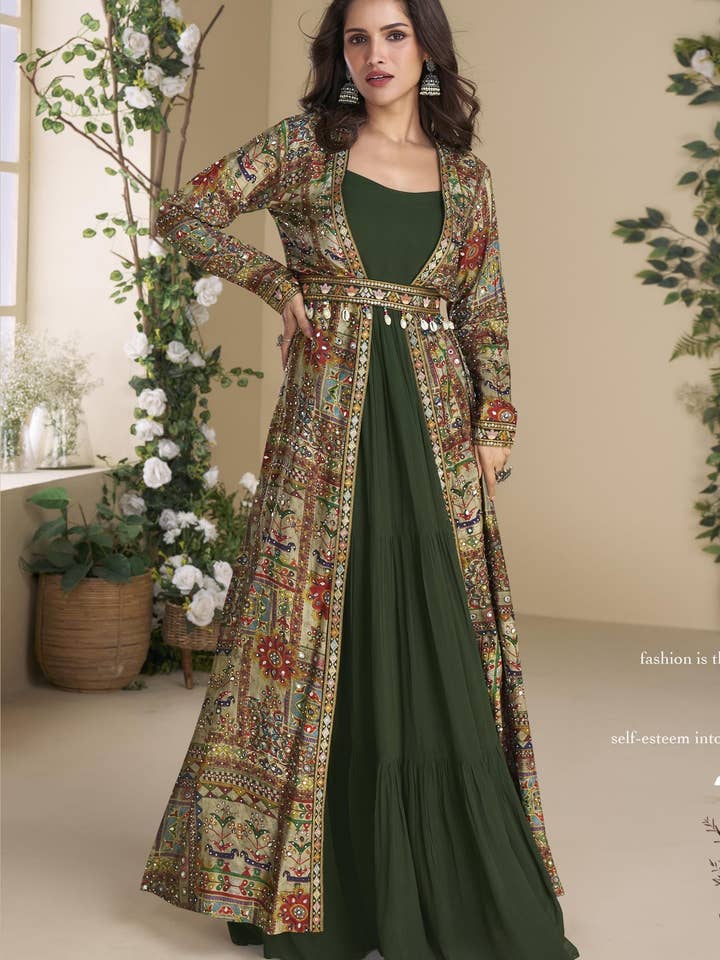 Green Georgette Anarkali Suit With Long Jacket For Indian & Pakistani Wedding Festival - Thread Embroidery Work, Print Work for wholesale by HATKE BRIDE
