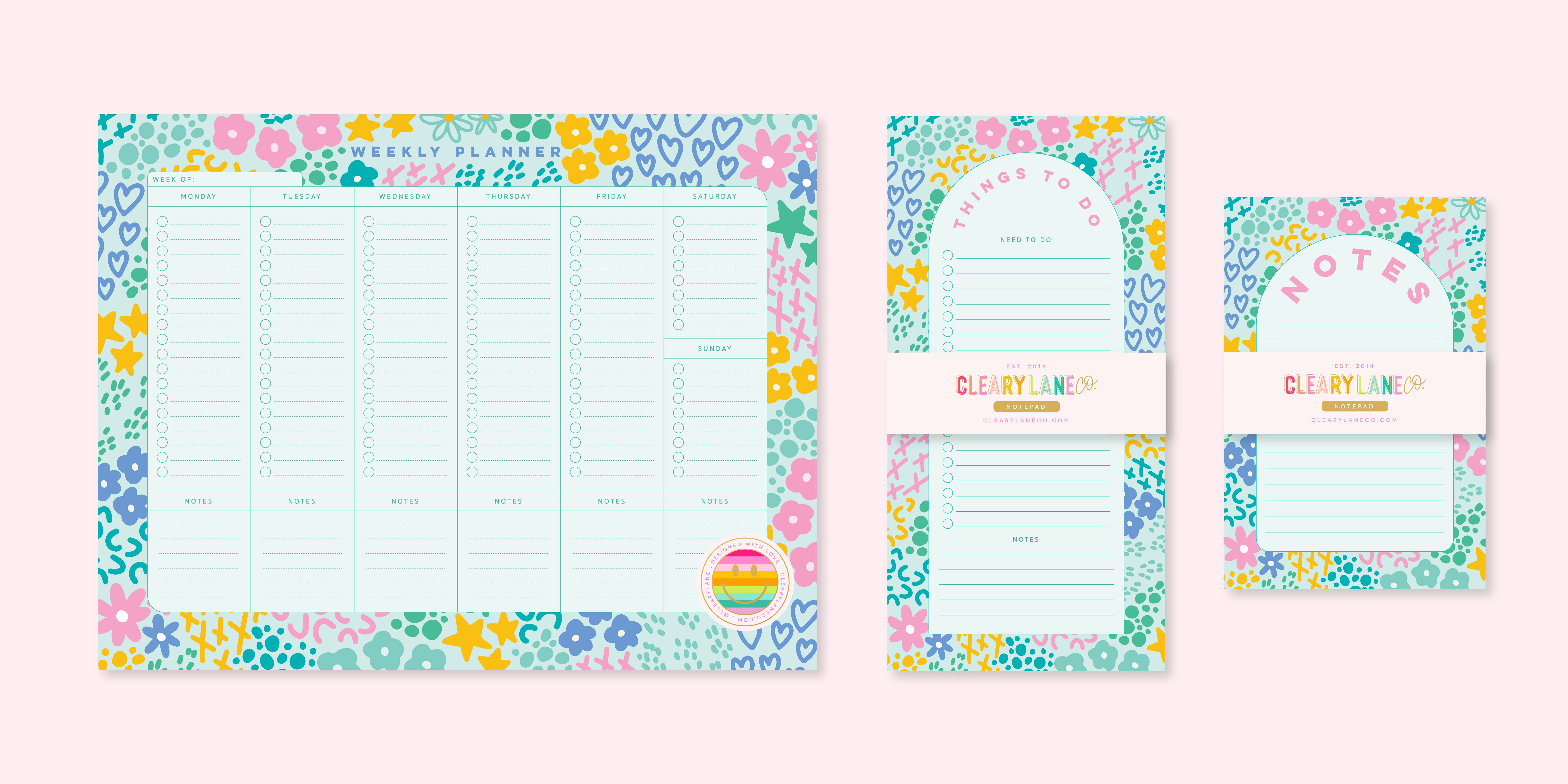 Cleary Lane - Wholesale Planner - Weekly Planner Notepad | 8.5"x11" | Mint Rainbow Garden2