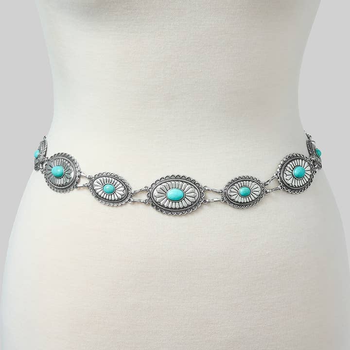 TURQUOISE STONE SQUASH BLOSSOM LINK CHAIN BELT for wholesale by Girly