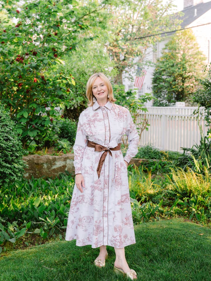 Woman's Brown Toile Print Long Sleeve Midi Dress With Bow for wholesale by Kim Lolley Designs