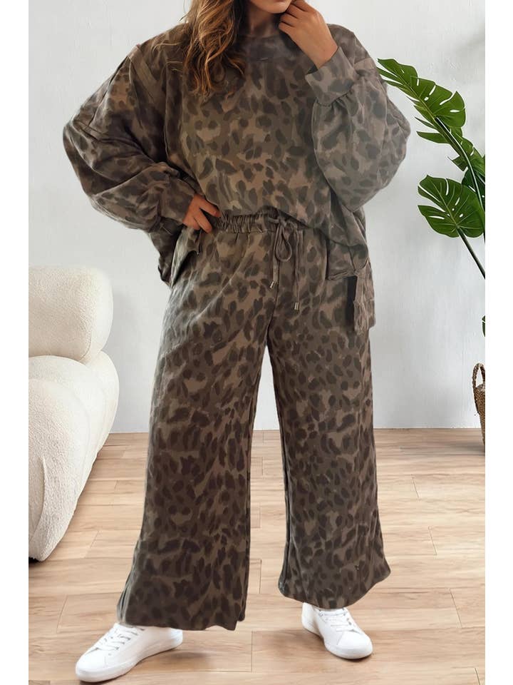 LA Society - Wholesale Lounge Set - Women's - Leopard Print Patchwork Pullover Drawstring Loose Pant Set0