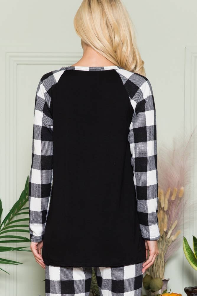 Celeste Clothing - Wholesale Knit Top - Women's - CT43591-SOLID TOP WITH PLAID CONTRAST SLEEVE11