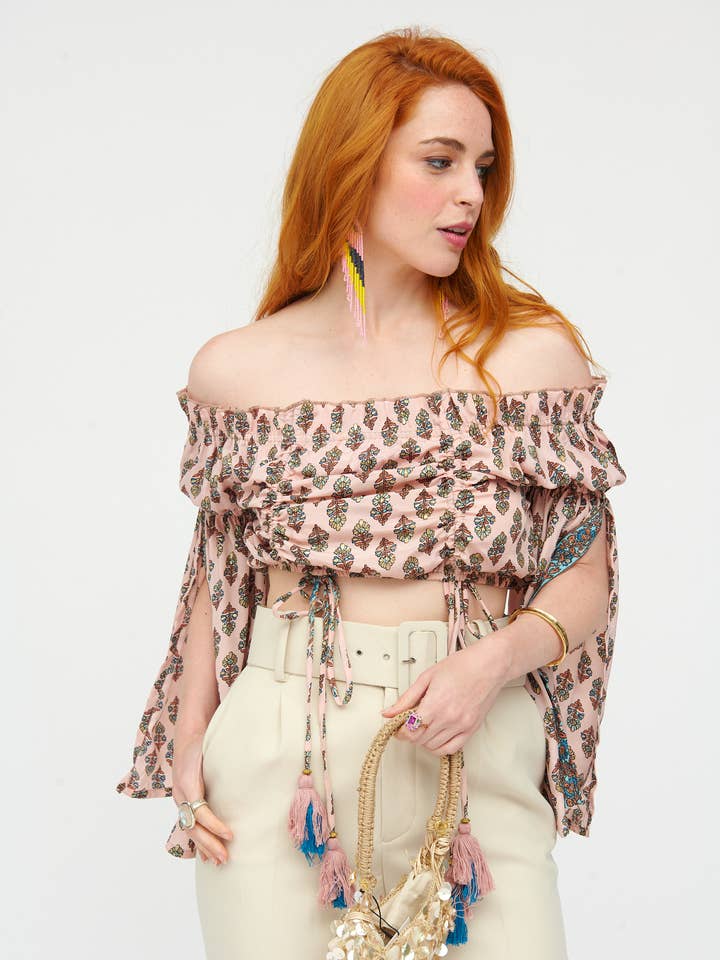 Cold Silk Boho Top with Floral Print and Open Sleeves for wholesale by ANISA