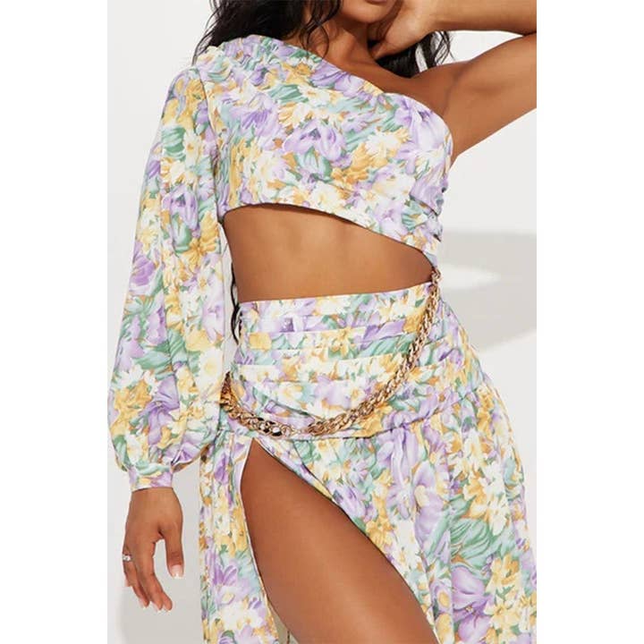 YELLOW PURPLE Floral Chain Detail One-Shoulder Bodysuit and Skirt Set for wholesale on Faire