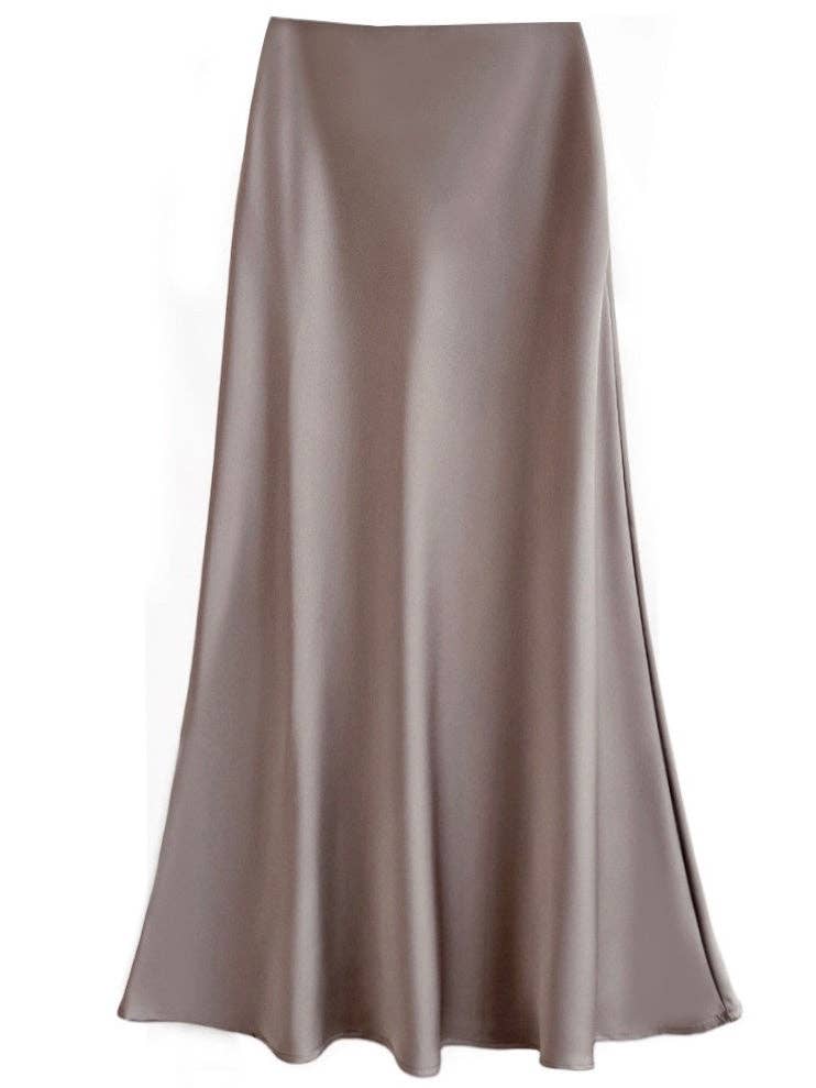coffee Sateen Maxi Skirt with Elastic Waistband and invisible zipper ( Coffee) for wholesale on Faire6