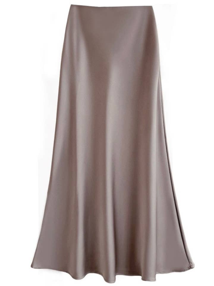coffee Sateen Maxi Skirt with Elastic Waistband and invisible zipper ( Coffee) for wholesale on Faire6