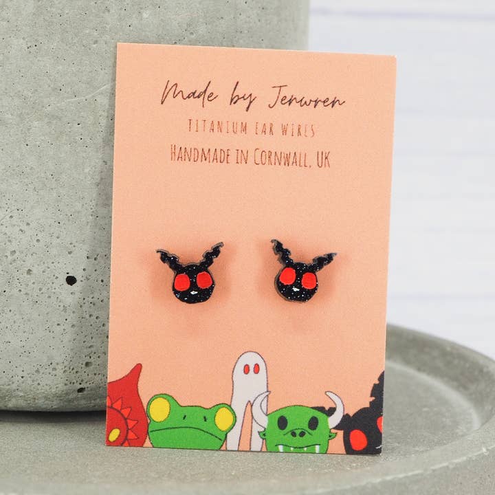 Mini Mothman Black glitter studs for wholesale by MadebyJenWren
