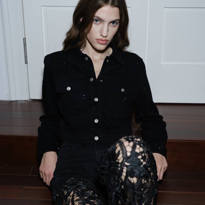 BLACK HIGH RISE WIDE LEG JEANS WITH LACE SPLICED BYW8090 for wholesale on Faire