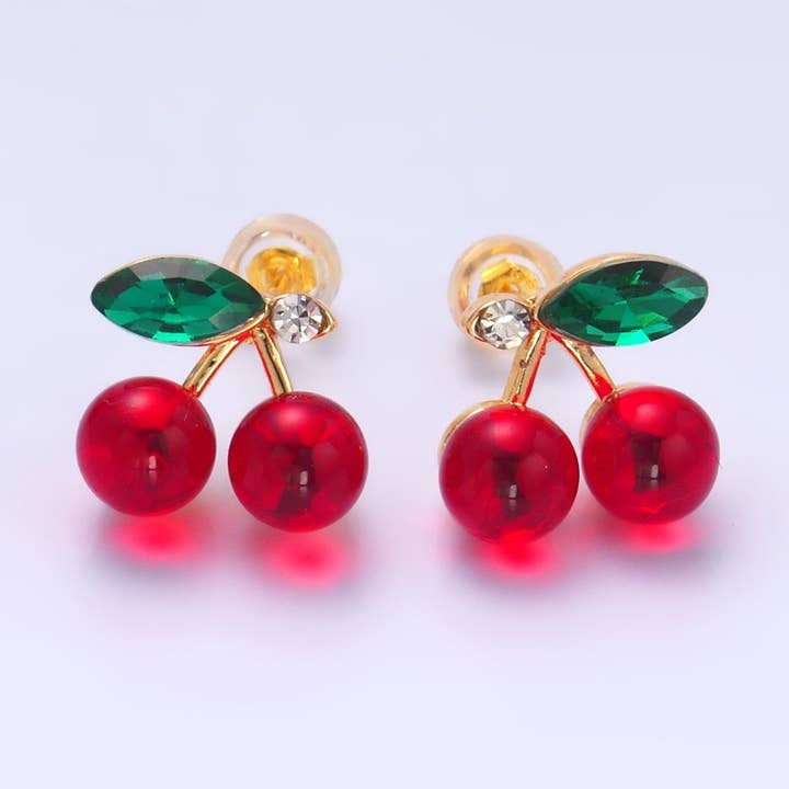 Aim Eternal - Wholesale Stud/Post Earrings - 24K Gold Filled 13mm CZ Cherry Fruit Stud Earrings | AB720
