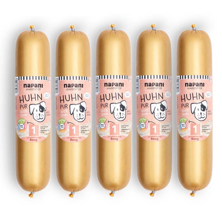 Cibo umido per cani, pollo puro in budello artificiale, 5 x 800g per la vendita all'ingrosso da parte di napani GmbH & Co. KG