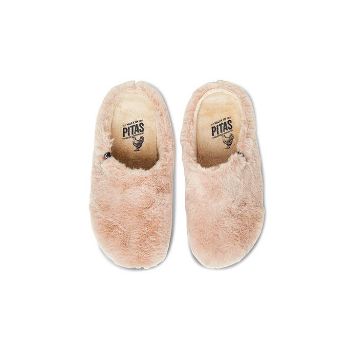 Women's cream recycled fluffy faux fur mule slippers, 100% recycled materials for wholesale by Walk In Pitas UK