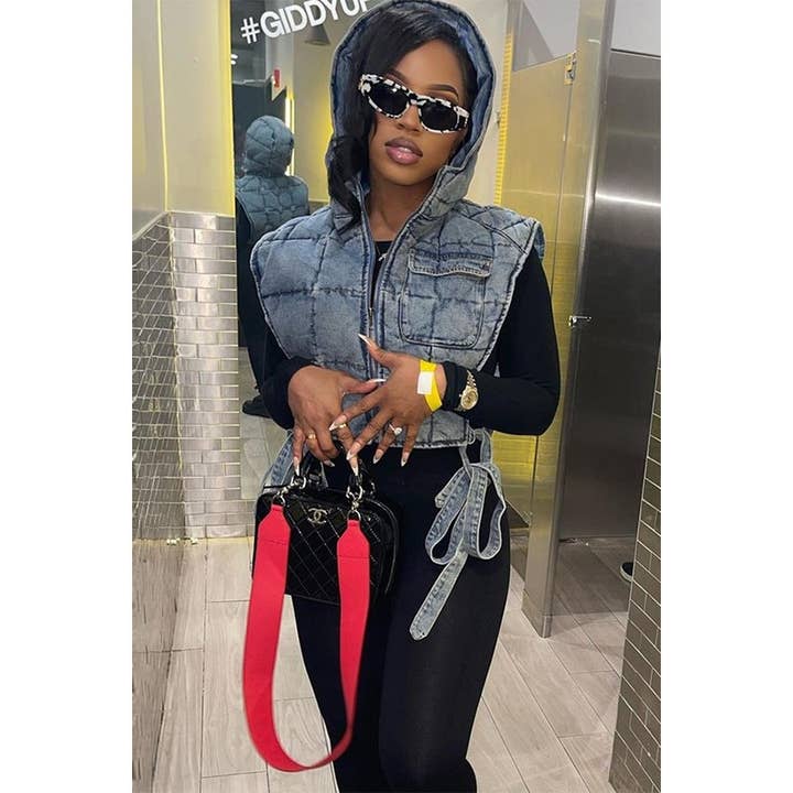 Light Blue Denim Quilted Washed Hooded Sleeveless Vest for wholesale on Faire1