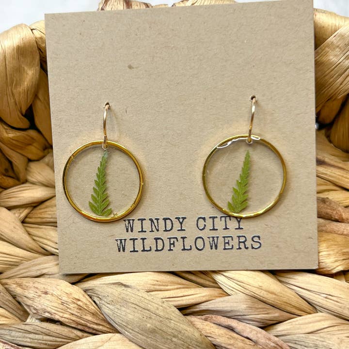 Pressed Fern Earrings Plant Earrings Simple Gold Earrings for wholesale by Windy City Wildflowers