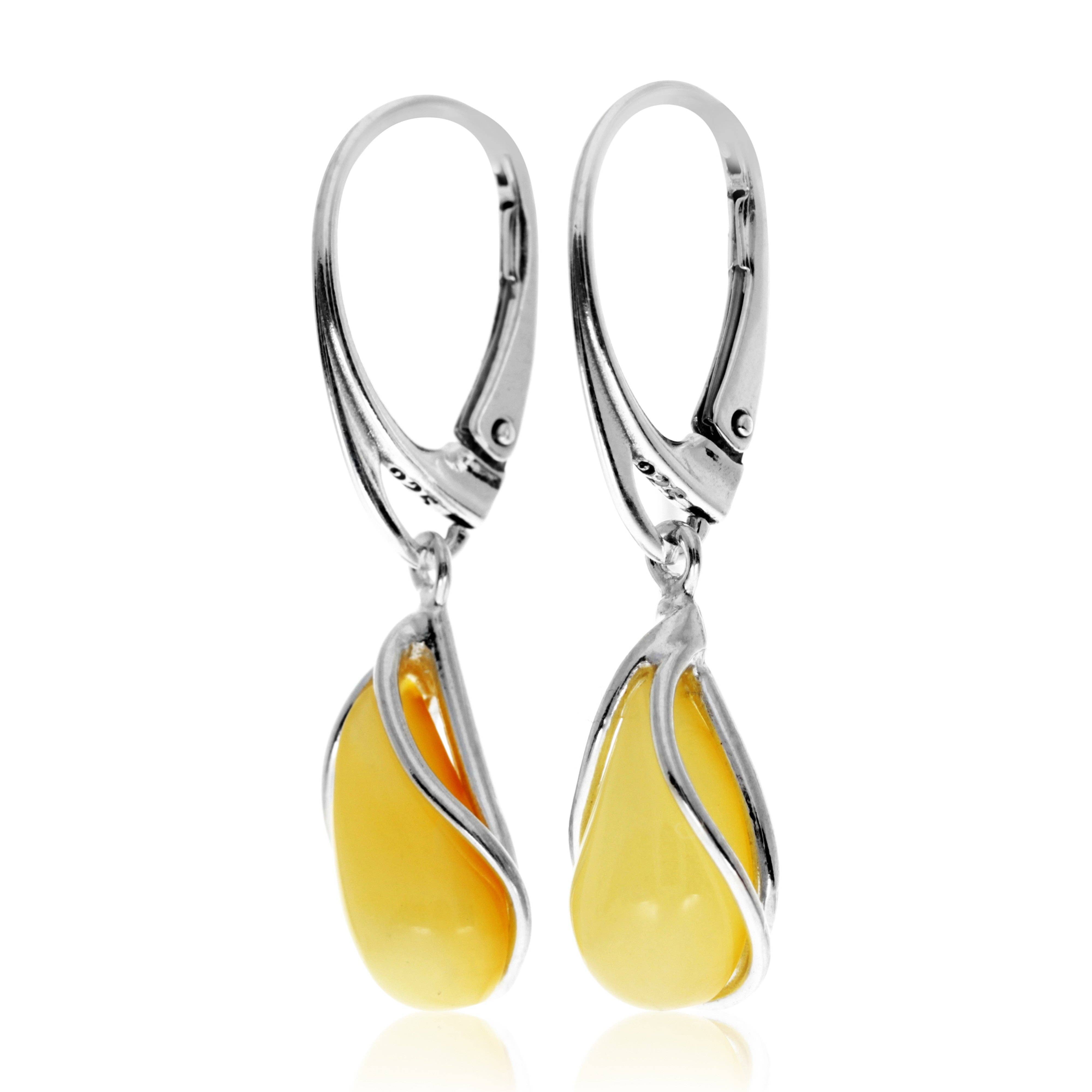 SilverAmber Jewellery – Brincos de argola por atacado – Brincos Modernos em Prata de 1ª Lei 925 e Âmbar Báltico Modernos em Lágrima /Pendente - G02914