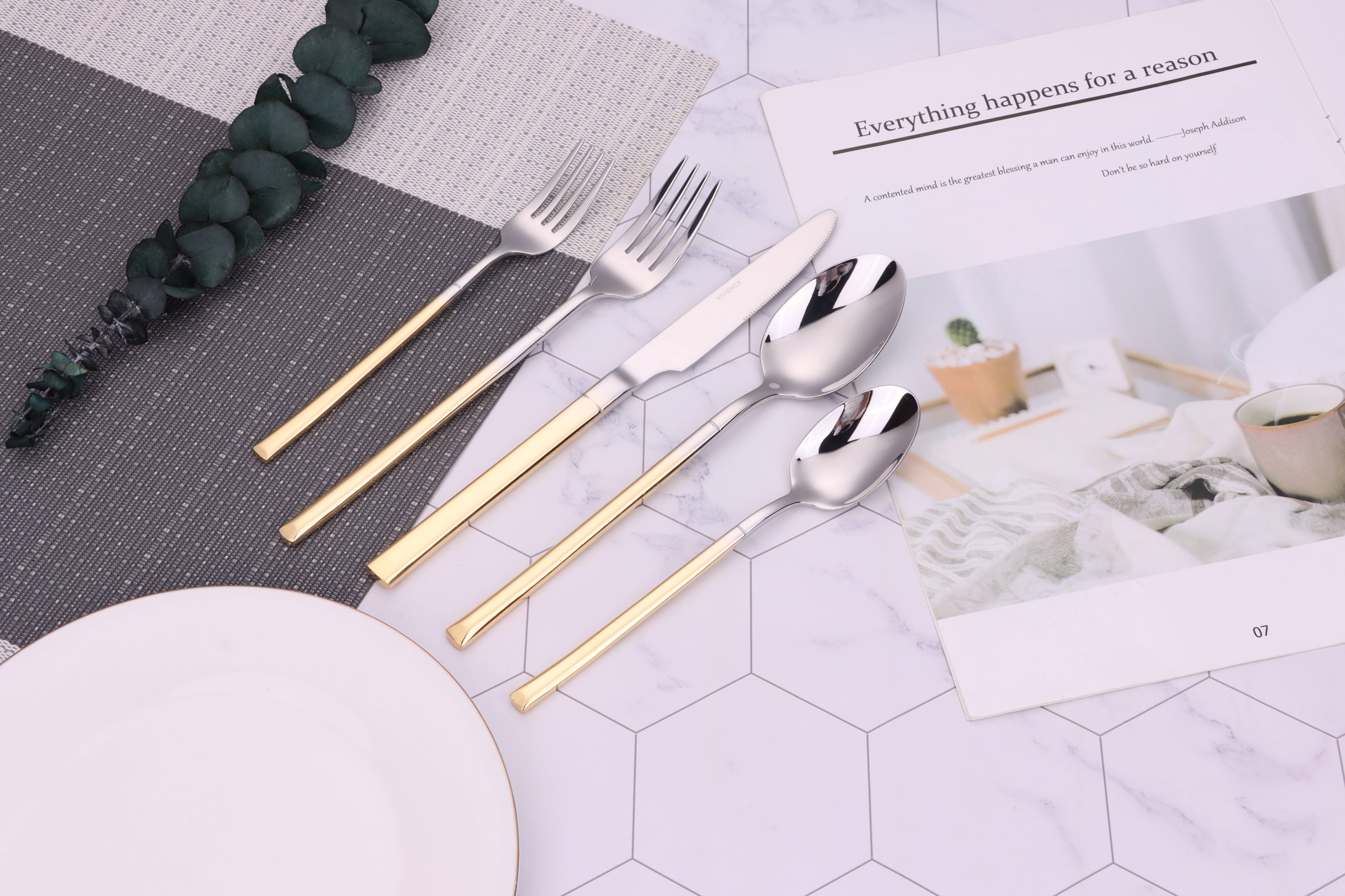 VIVIENCE - Wholesale Flatware Set - Simplicite 20 Pc Flatware with Gold Handles, Service for 44