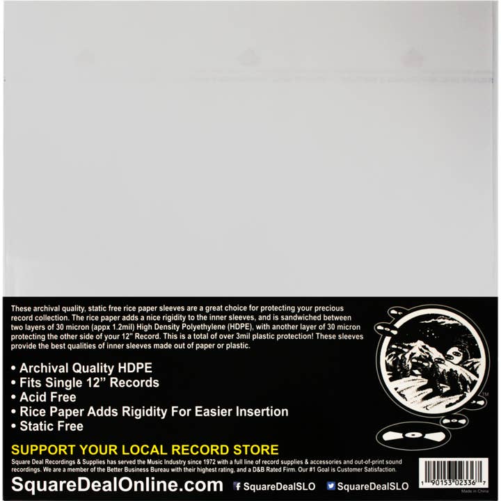 Square Deal Recordings & Supplies - Vendita all'ingrosso Accessori musicali - Buste interne in carta di riso per dischi in vinile LP da 12" per archiviazione.1