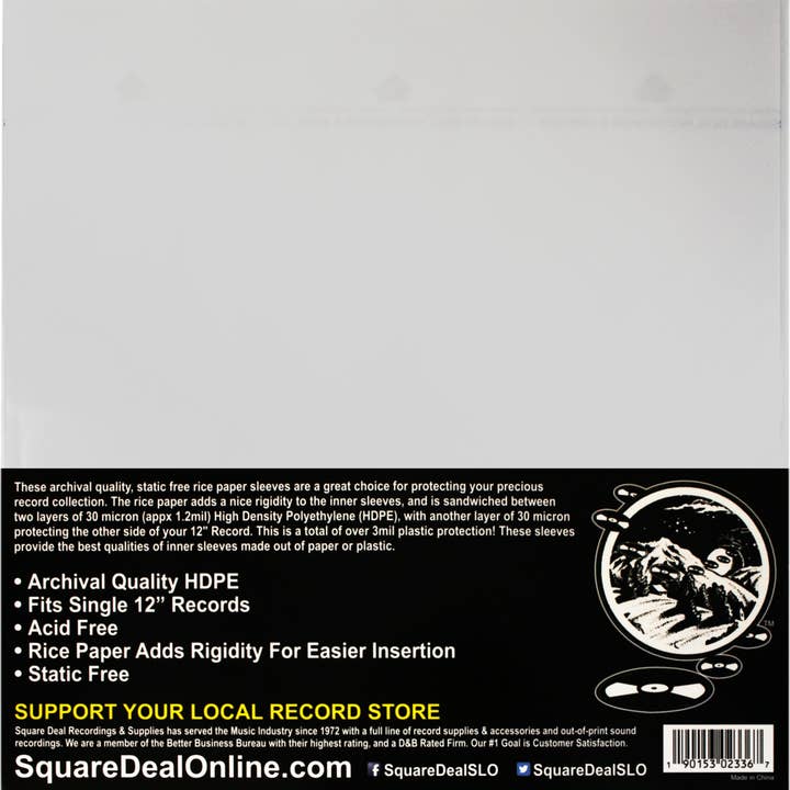 Square Deal Recordings & Supplies - Wholesale Music Accessory - 12" LP Archival Quality Rice Paper Inner Sleeves
