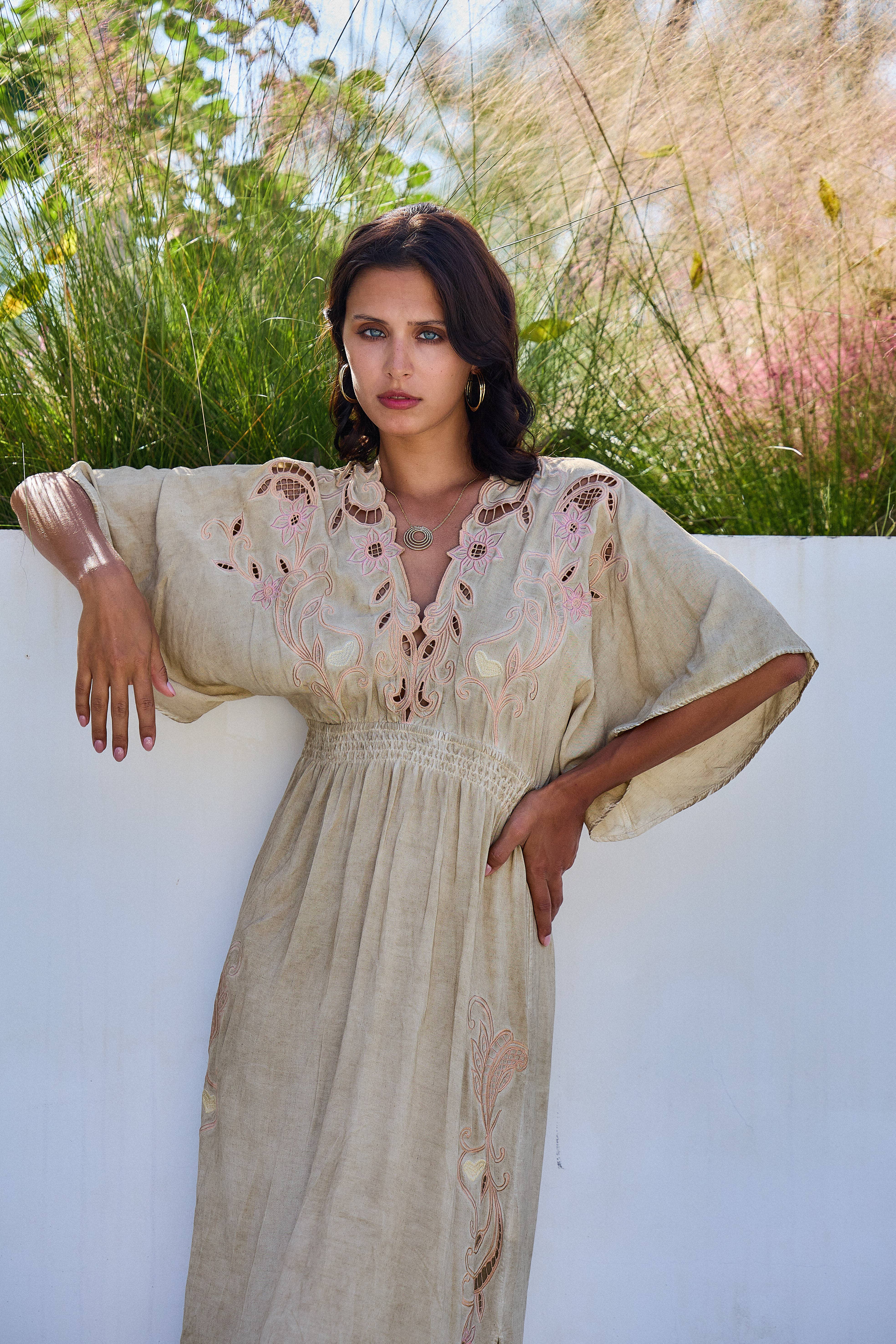 Beige Long symmetrical dress with openwork embroidery, flared cut for wholesale on Faire2