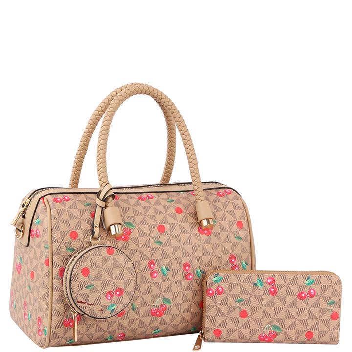 3IN1 MONOGRAM CHERRY PRINT BOSTON W WALLET AND , DS 0706 3W for wholesale by JOIA ACCESSORIES
